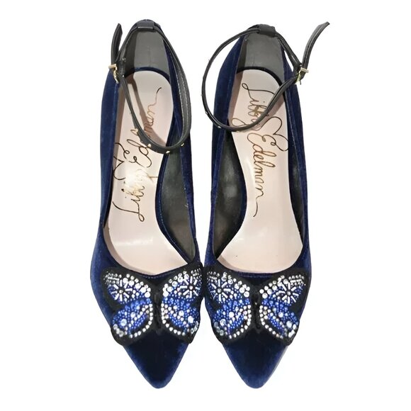 Edelman Sapphire Dark Navy Blue Butterfly Beaded Velvet Holiday Pumps Heels 7.5 - Picture 6 of 9